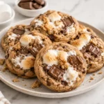 Air fryer smores cookies stacked on a ceramic plate with toasted marshmallows, melted chocolate chunks, graham cracker crumbs, and gooey bakery style texture.