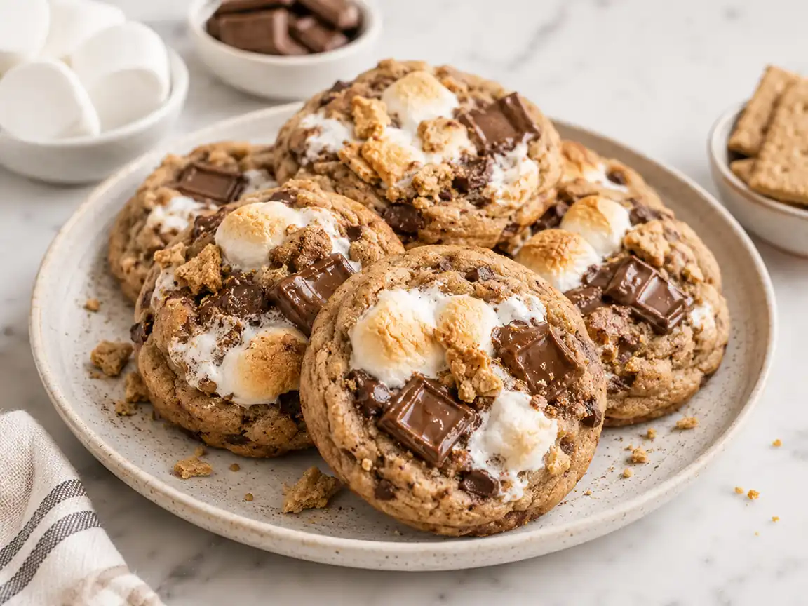 Air fryer smores cookies stacked on a ceramic plate with toasted marshmallows, melted chocolate chunks, graham cracker crumbs, and gooey bakery style texture.