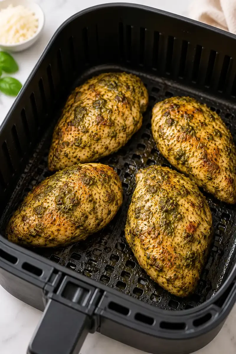 Seasoned pesto chicken breasts cooking inside a black air fryer basket with melted parmesan, basil herbs, and juicy golden browned texture.