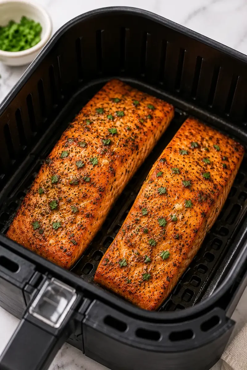 Seasoned marinated salmon fillets cooking inside a black air fryer basket with crispy edges, herb garnish, and rich caramelized glaze.