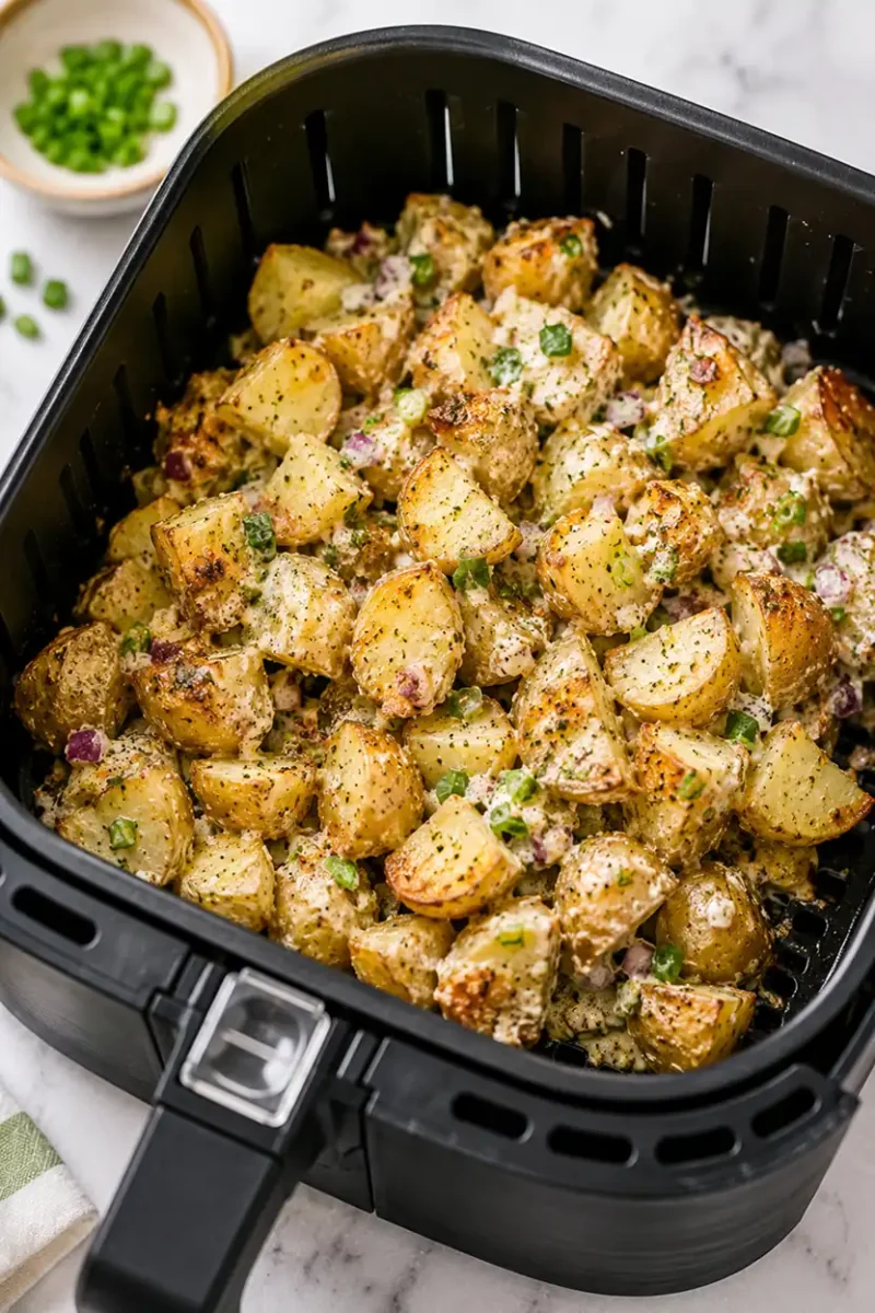 Crispy roasted potatoes inside a black air fryer basket mixed with creamy dressing, parmesan cheese, herbs, and diced red onions.
