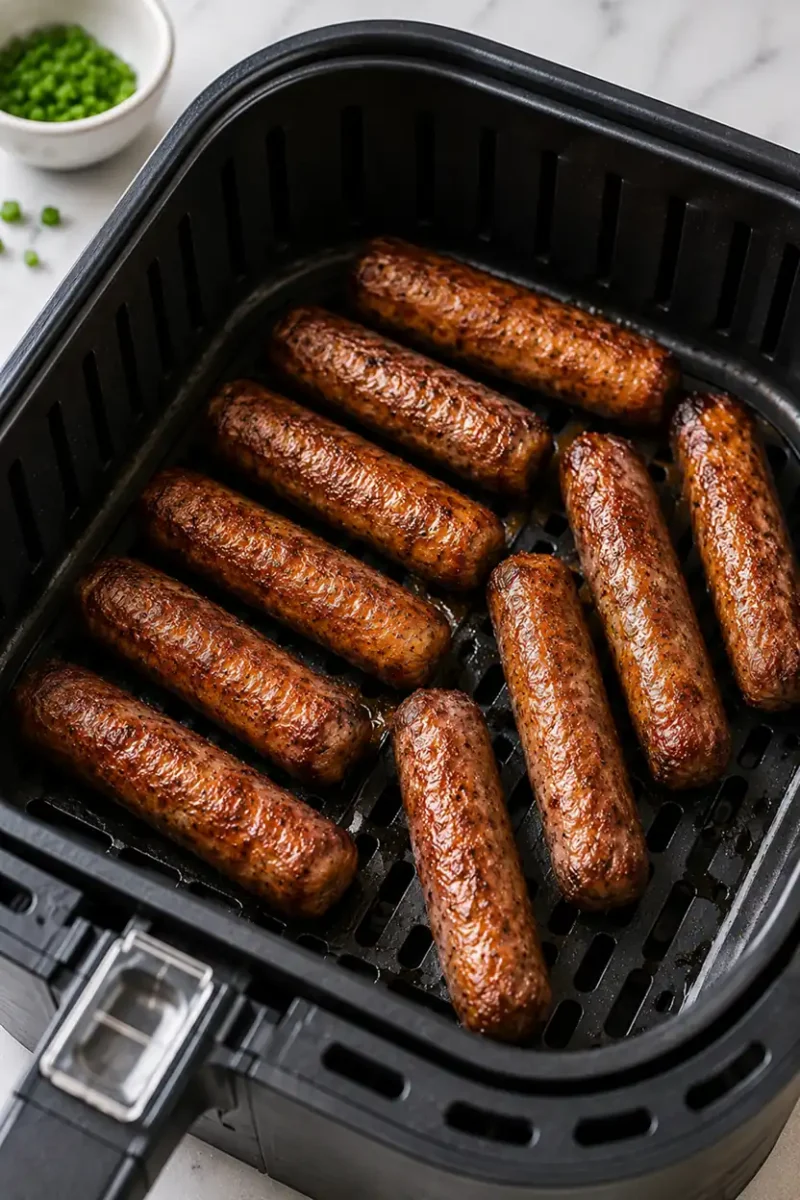 Breakfast sausage links cooking inside a black air fryer basket with crispy browned exterior and evenly cooked juicy texture.