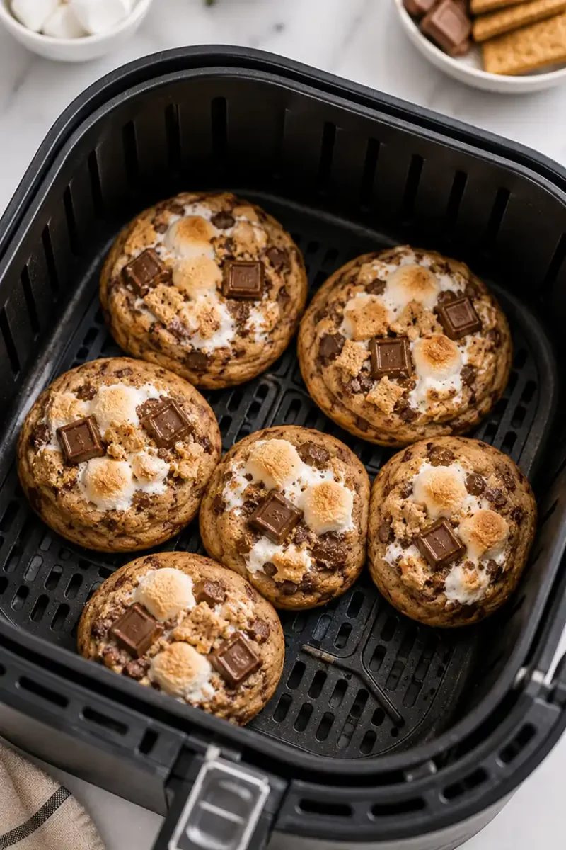 Smores cookies baking inside a black air fryer basket with toasted marshmallows, melted chocolate squares, and golden graham cracker topping.