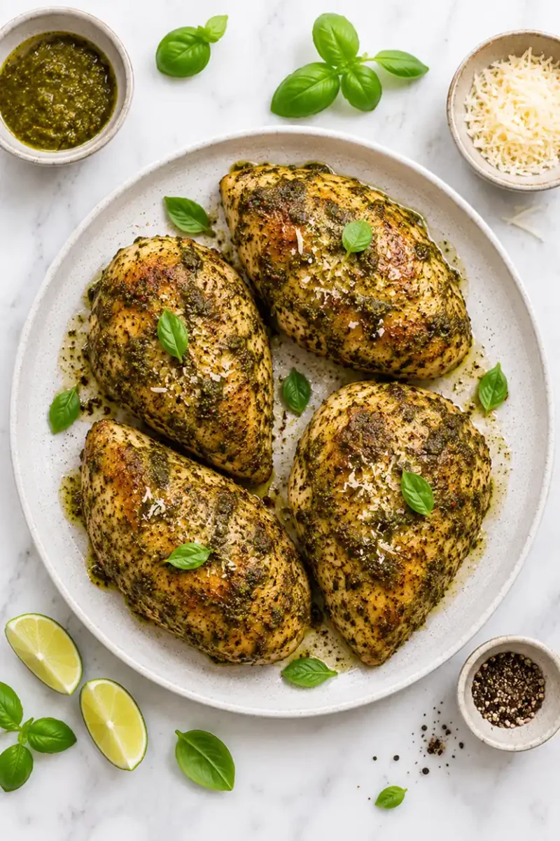 Overhead serving platter of pesto chicken breasts with parmesan cheese, fresh basil leaves, lime wedges, and creamy herb styling on marble.