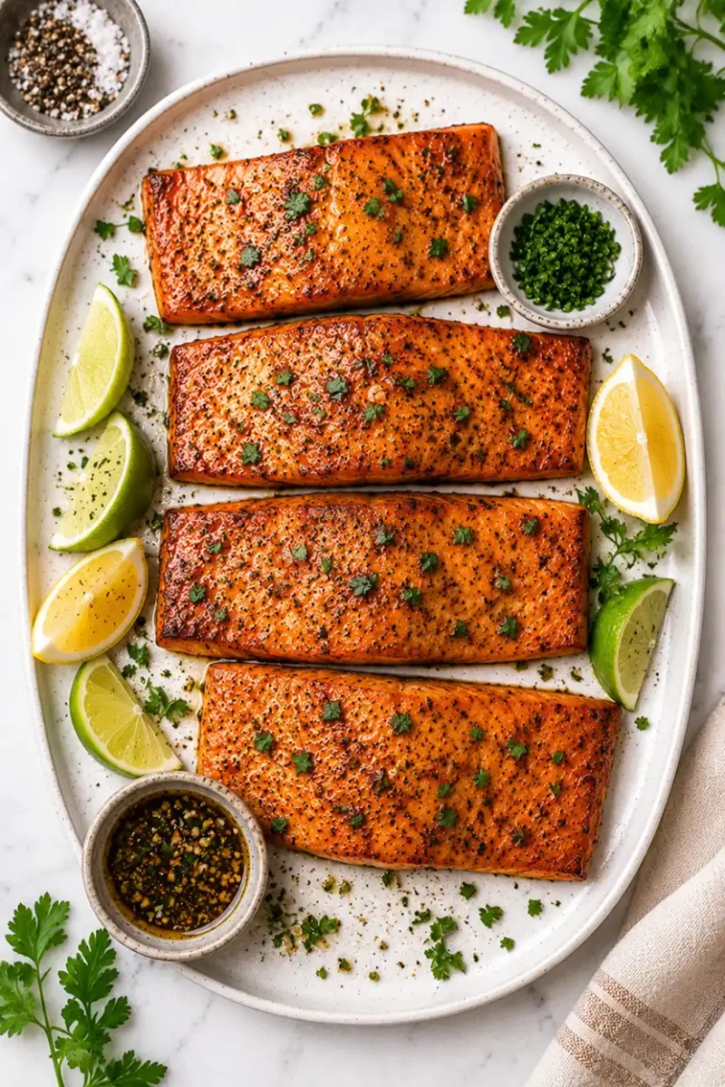 Overhead serving platter of marinated air fryer salmon fillets with lime wedges, dipping sauce, parsley garnish, and glossy seasoned surface on marble.