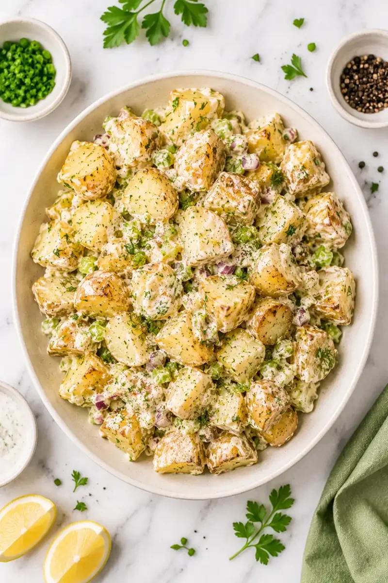 Overhead serving bowl of creamy potato salad with roasted potatoes, parmesan cheese, fresh parsley, lemon wedges, and herb seasoning on marble.