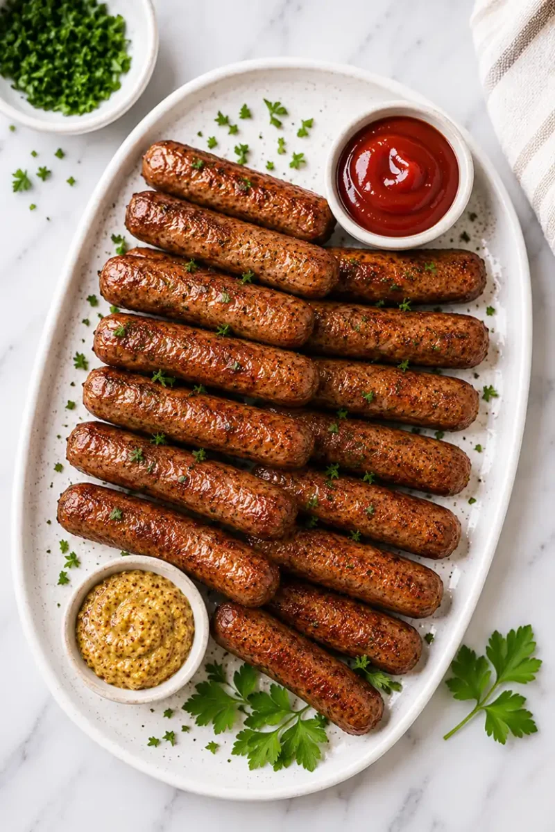 Overhead serving platter of air fryer breakfast sausage links with ketchup, mustard dipping sauce, parsley garnish, and marble countertop styling.