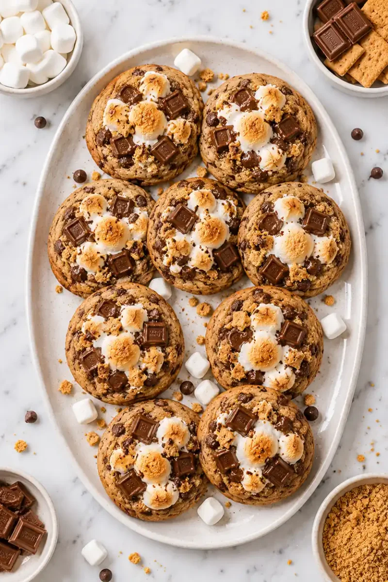 Overhead serving platter of air fryer smores cookies with toasted marshmallows, chocolate chunks, graham crackers, and soft gooey cookie texture on marble.
