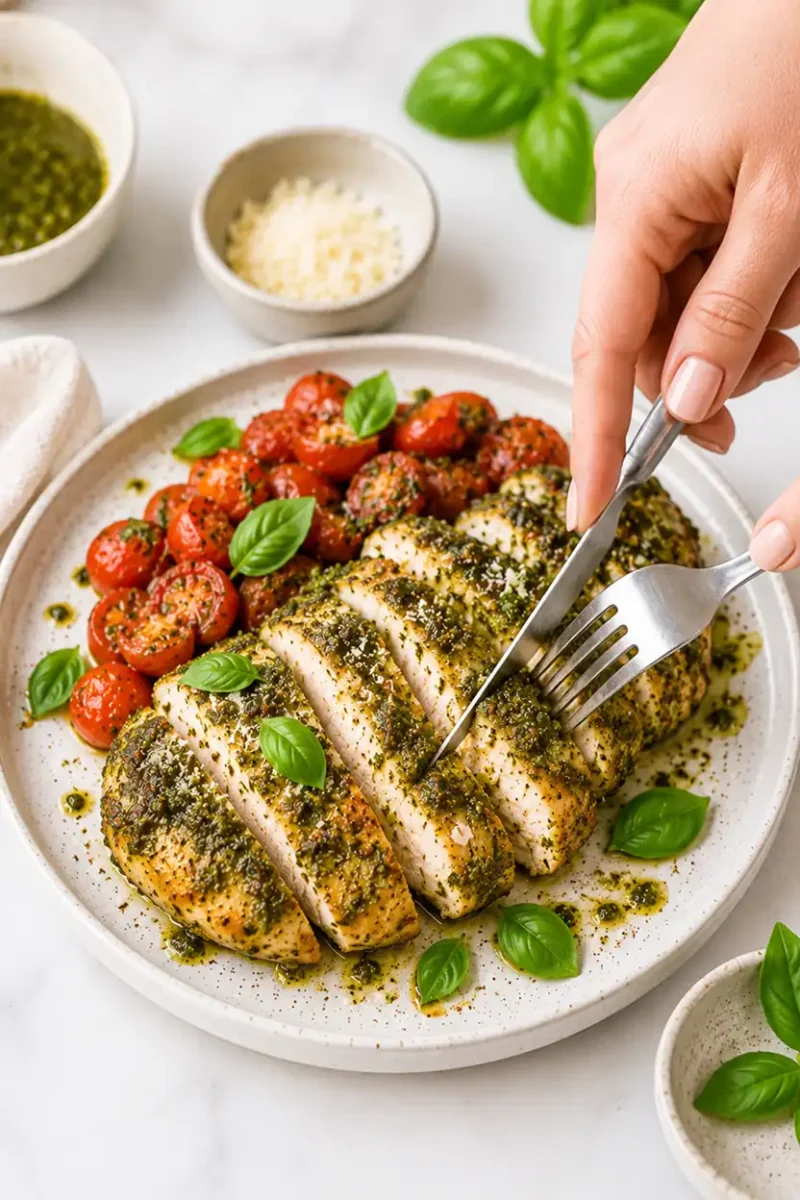 Close up sliced pesto chicken breast being cut with a fork and knife beside roasted tomatoes, basil leaves, and parmesan topping on a ceramic plate.