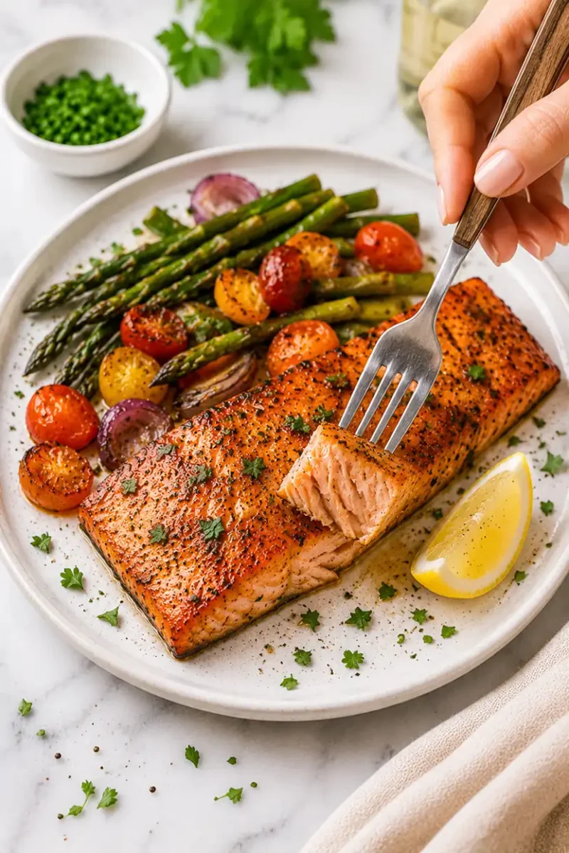 Close up marinated salmon fillet being flaked apart with a fork beside roasted asparagus, cherry tomatoes, lemon wedges, and crispy caramelized edges.