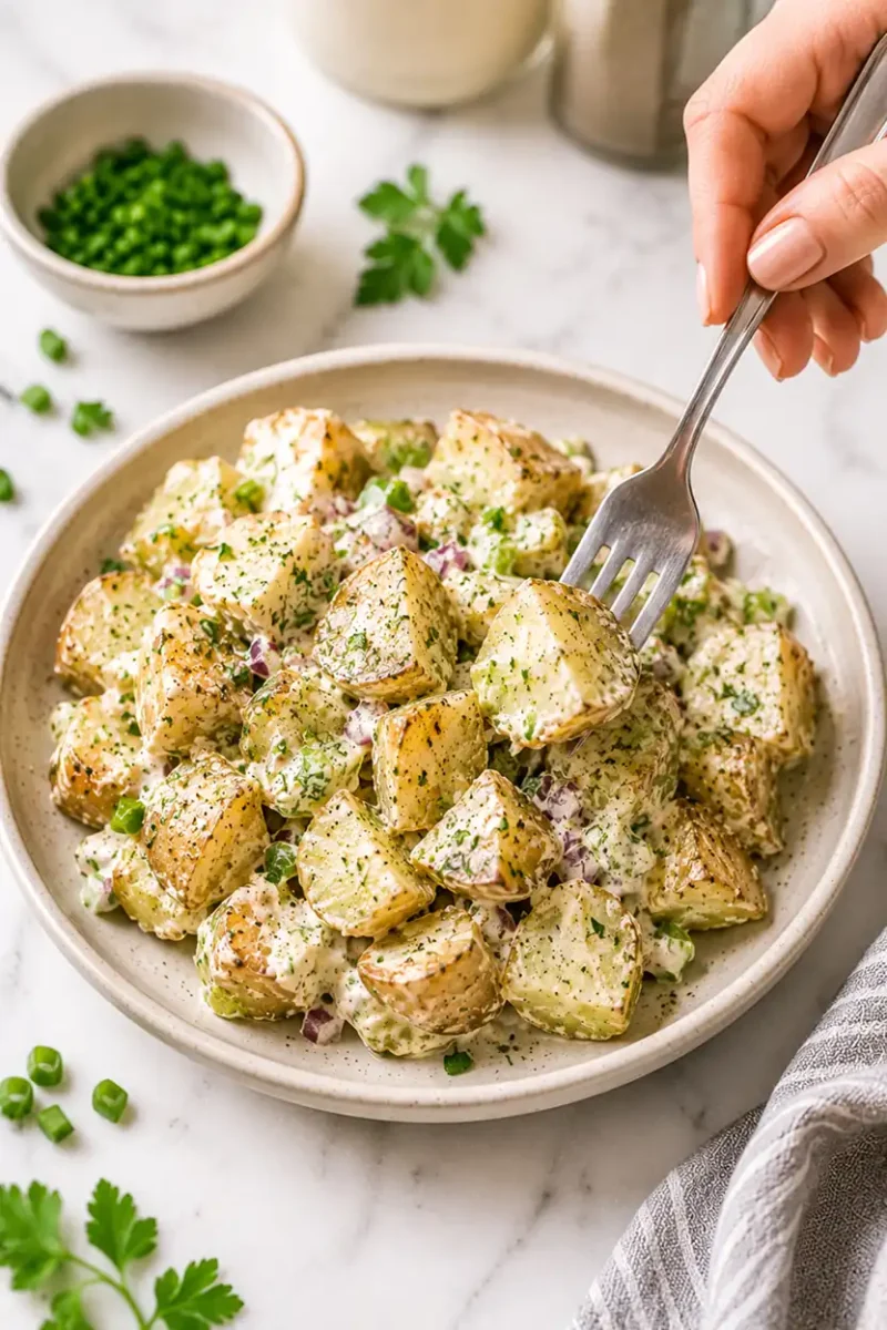 Close up creamy potato salad with roasted potato chunks, parmesan cheese, herbs, and dressing while a fork scoops a bite from a ceramic bowl.