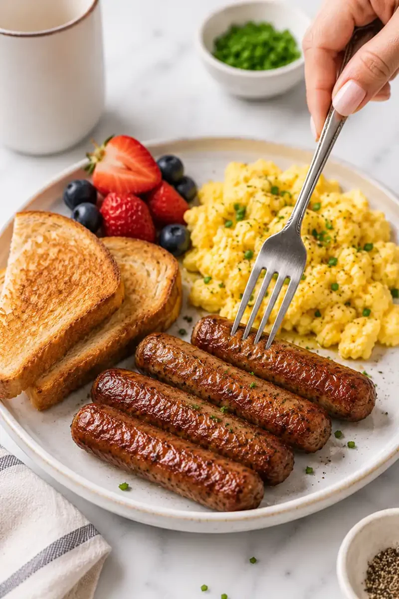 Close up breakfast sausage links served with scrambled eggs, toast, and berries while a fork picks up a juicy browned sausage link on a ceramic plate.