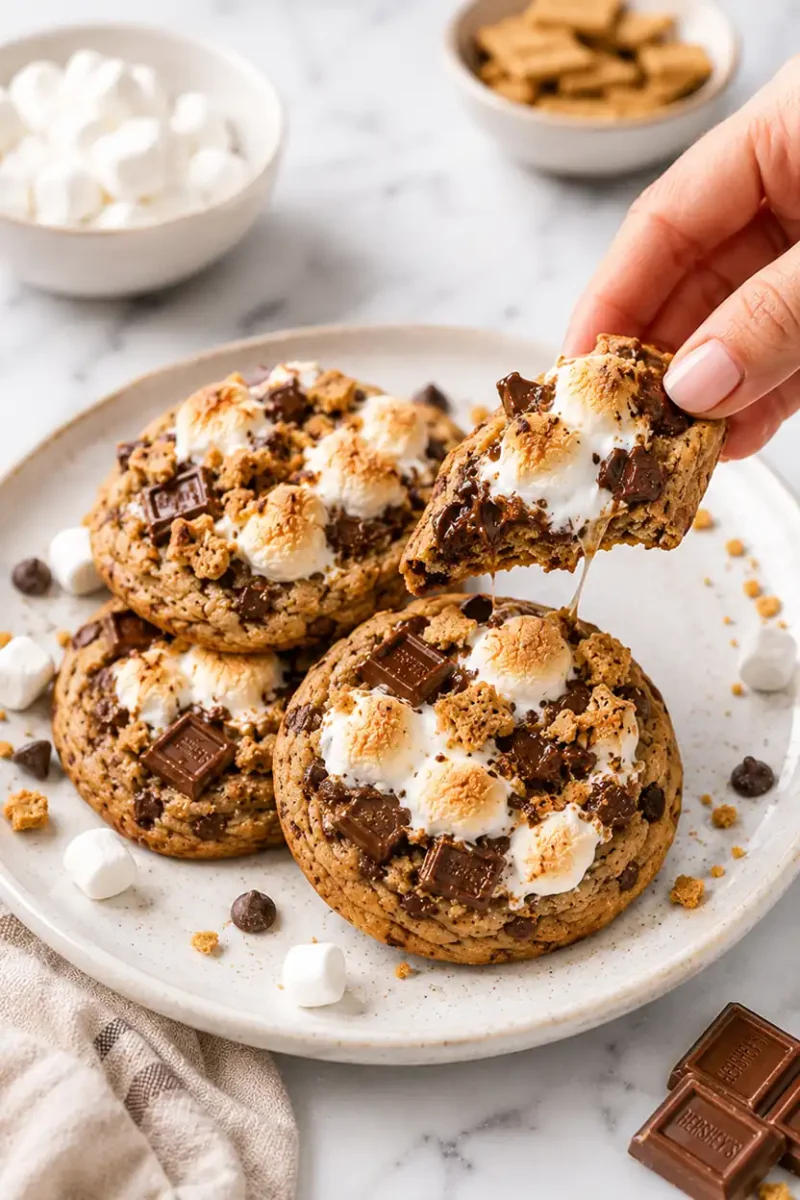 Close up gooey smores cookie being pulled apart by hand with melted chocolate, toasted marshmallows, and soft chewy cookie center on a ceramic plate.