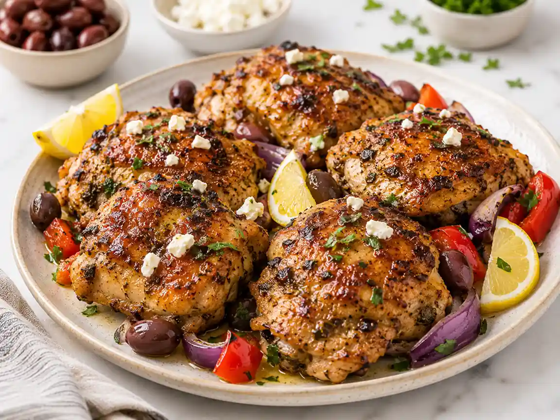 Greek style air fryer chicken thighs served on a ceramic plate with olives, feta cheese, cherry tomatoes, red onions, and lemon wedges on a marble countertop.