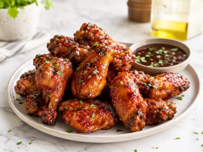 Crispy air fryer chicken wings coated in sticky barbecue sauce served on a plate with dipping sauce