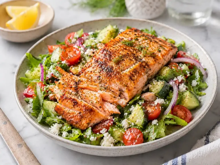 Air fryer salmon salad with grilled salmon fillets, cucumbers, cherry tomatoes, red onions, feta cheese, and fresh greens served on a ceramic plate.