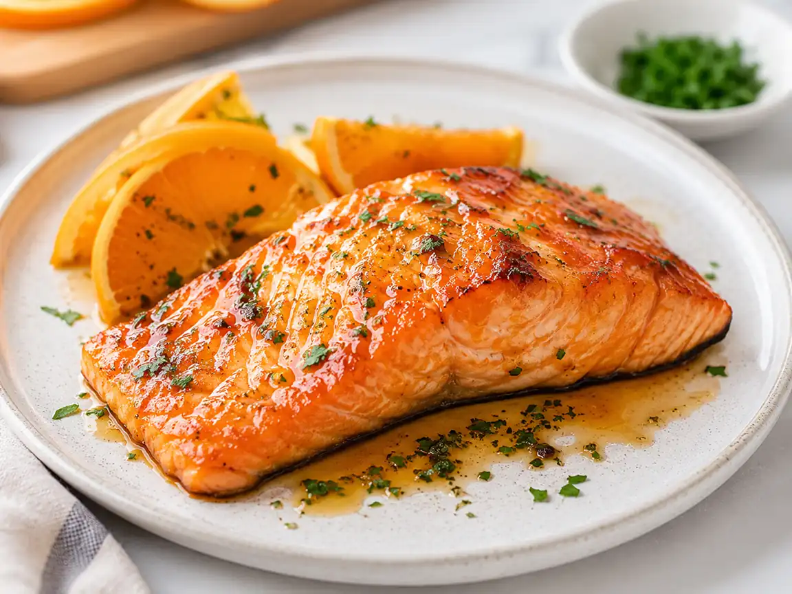 Juicy air fryer orange salmon fillet glazed with citrus sauce and served with fresh orange slices
