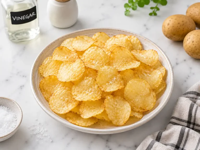 Crispy homemade air fryer potato chips served in a ceramic bowl with flaky salt, golden thin slices, and vinegar seasoning on a bright marble countertop.