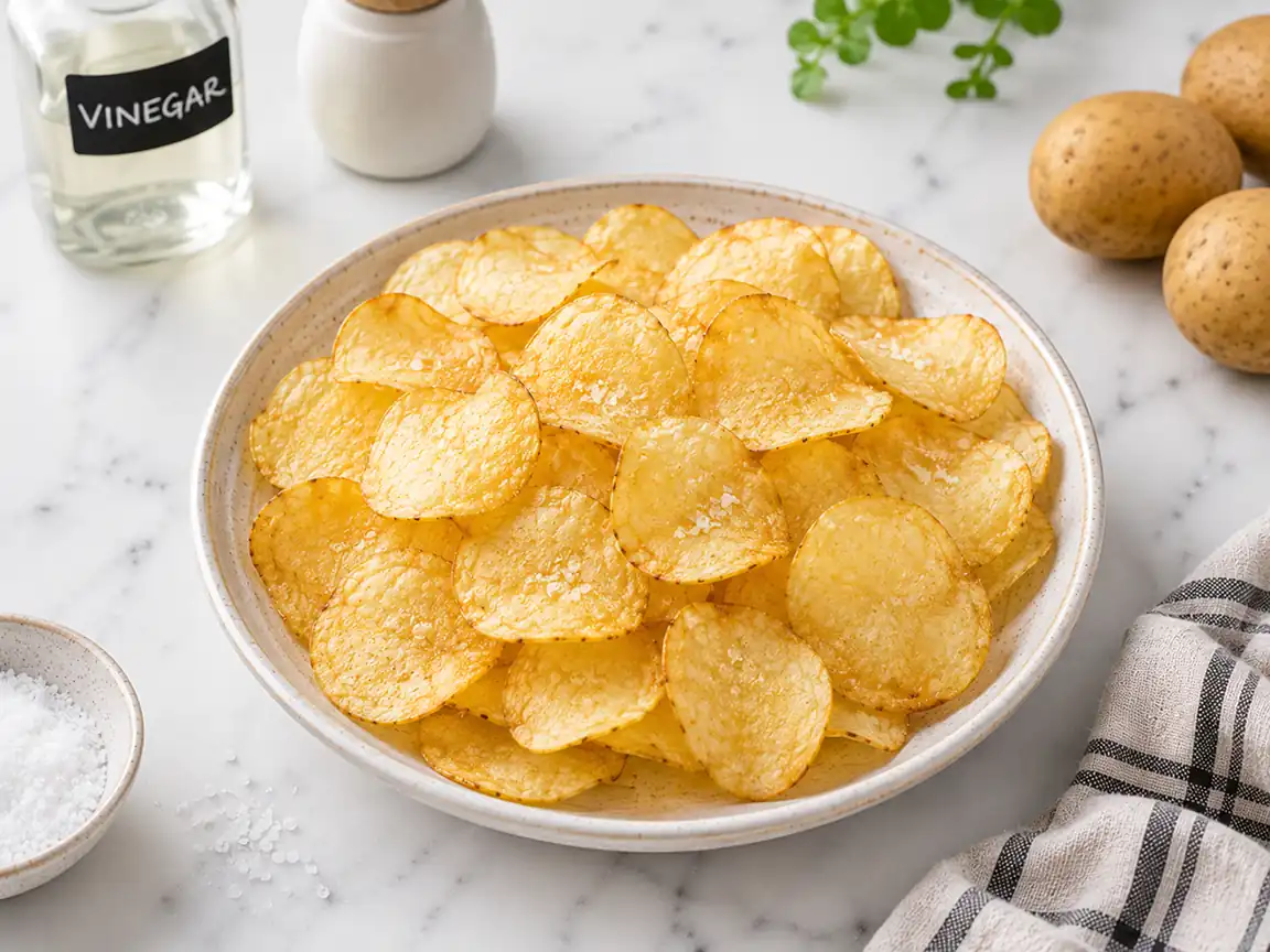 Crispy homemade air fryer potato chips served in a ceramic bowl with flaky salt, golden thin slices, and vinegar seasoning on a bright marble countertop.