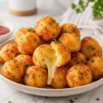 Crispy air fryer cheese balls served on a plate with melted cheese stretching from the center