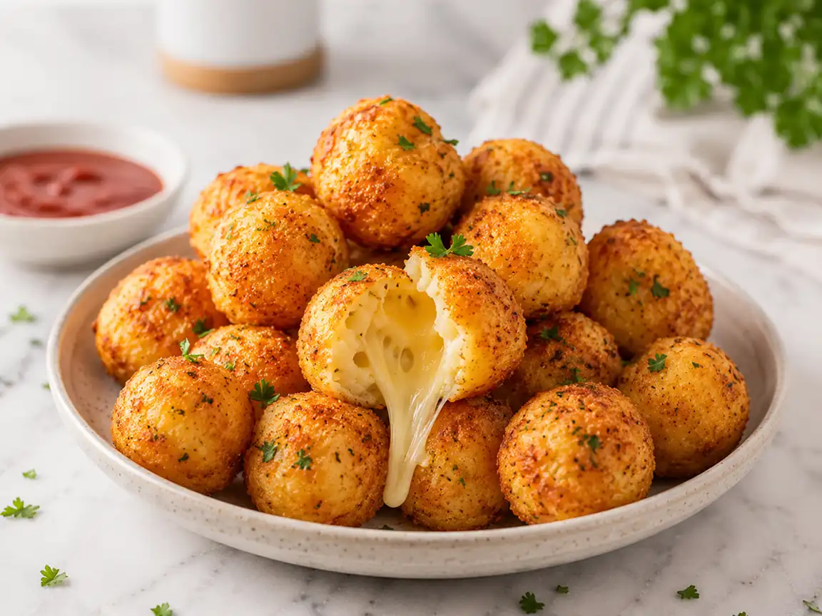 Crispy air fryer cheese balls served on a plate with melted cheese stretching from the center