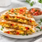 Air fryer breakfast quesadillas stacked on a ceramic plate with scrambled eggs, sausage, melted cheddar cheese, peppers, and salsa on a bright marble countertop.