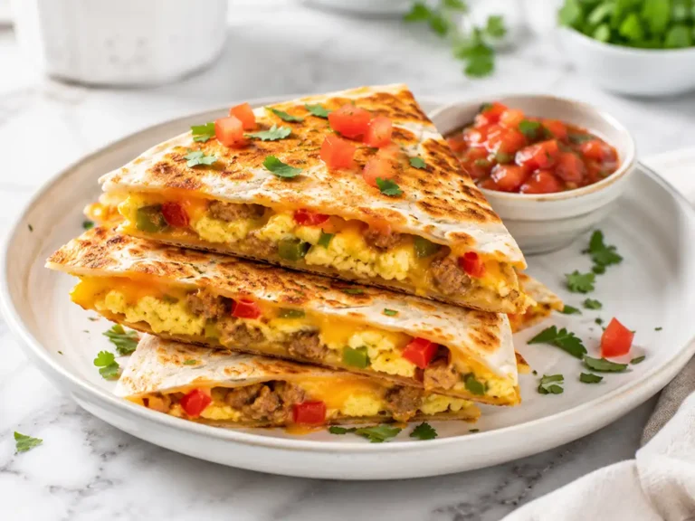 Air fryer breakfast quesadillas stacked on a ceramic plate with scrambled eggs, sausage, melted cheddar cheese, peppers, and salsa on a bright marble countertop.