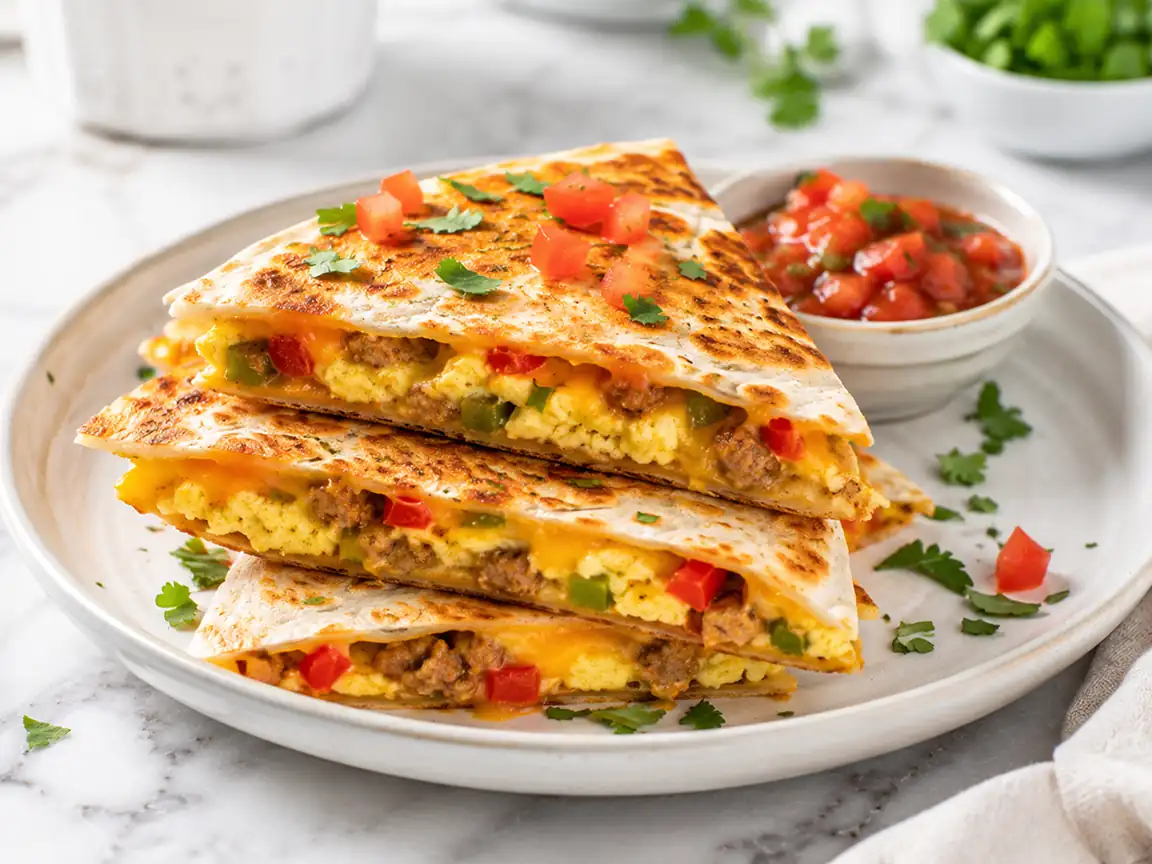 Air fryer breakfast quesadillas stacked on a ceramic plate with scrambled eggs, sausage, melted cheddar cheese, peppers, and salsa on a bright marble countertop.