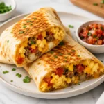 Crispy air fryer breakfast quesadilla stuffed with eggs, sausage, peppers, and melted cheese