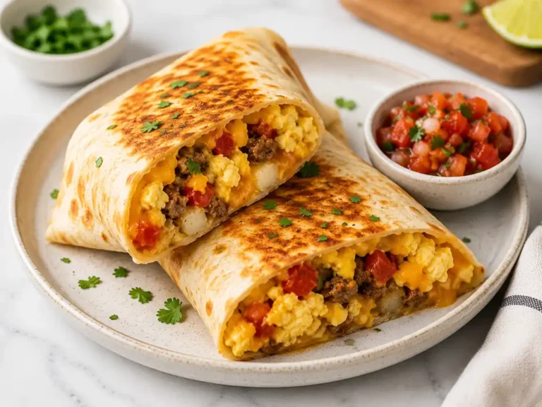 Crispy air fryer breakfast quesadilla stuffed with eggs, sausage, peppers, and melted cheese