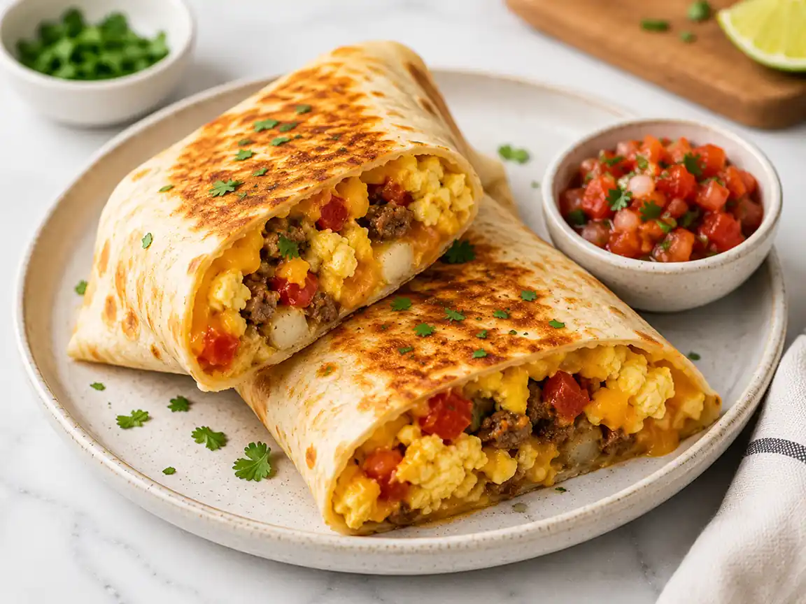 Crispy air fryer breakfast quesadilla stuffed with eggs, sausage, peppers, and melted cheese