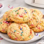 Air fryer funfetti cookies stacked on a ceramic plate with colorful rainbow sprinkles, soft chewy centers, and golden bakery style edges on a marble countertop.