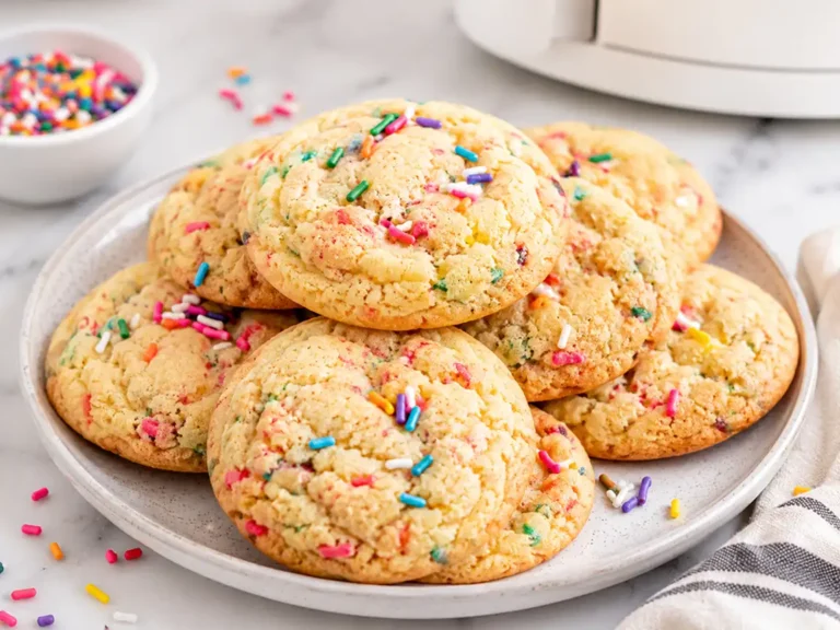 Air fryer funfetti cookies stacked on a ceramic plate with colorful rainbow sprinkles, soft chewy centers, and golden bakery style edges on a marble countertop.