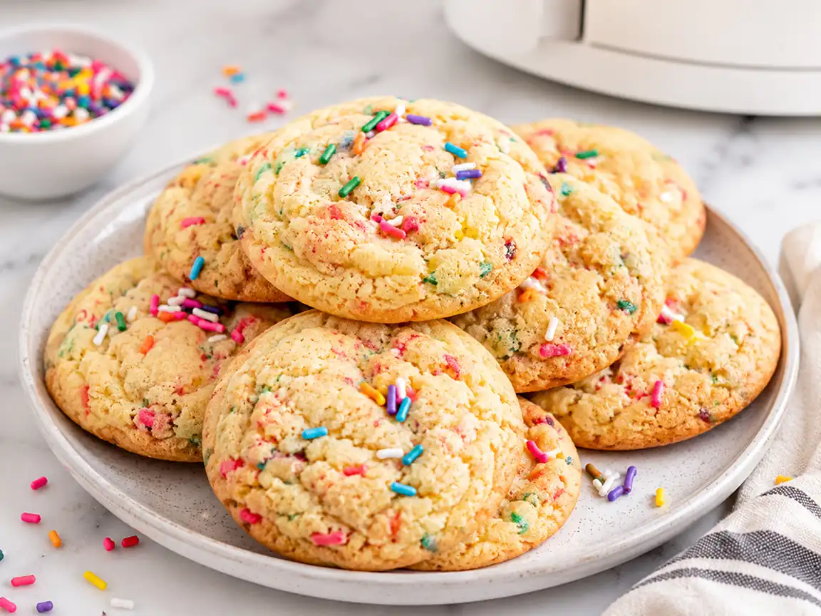 Air fryer funfetti cookies stacked on a ceramic plate with colorful rainbow sprinkles, soft chewy centers, and golden bakery style edges on a marble countertop.