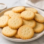 Crispy air fryer butter cookies stacked on a ceramic plate with a golden homemade texture