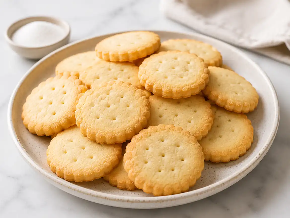 Crispy air fryer butter cookies stacked on a ceramic plate with a golden homemade texture