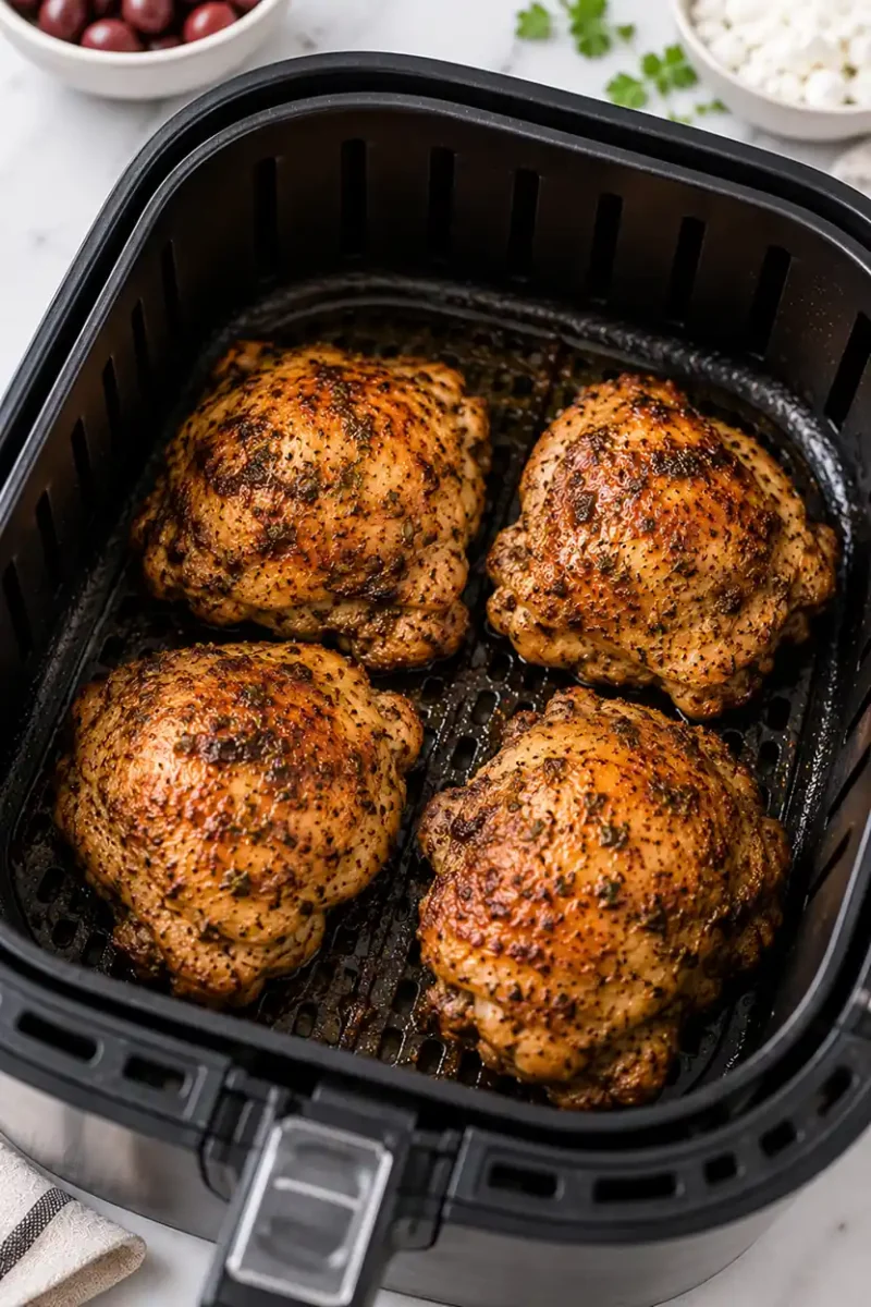 Seasoned chicken thighs cooking inside a black air fryer basket with crispy golden skin, herb seasoning, and juicy texture.
