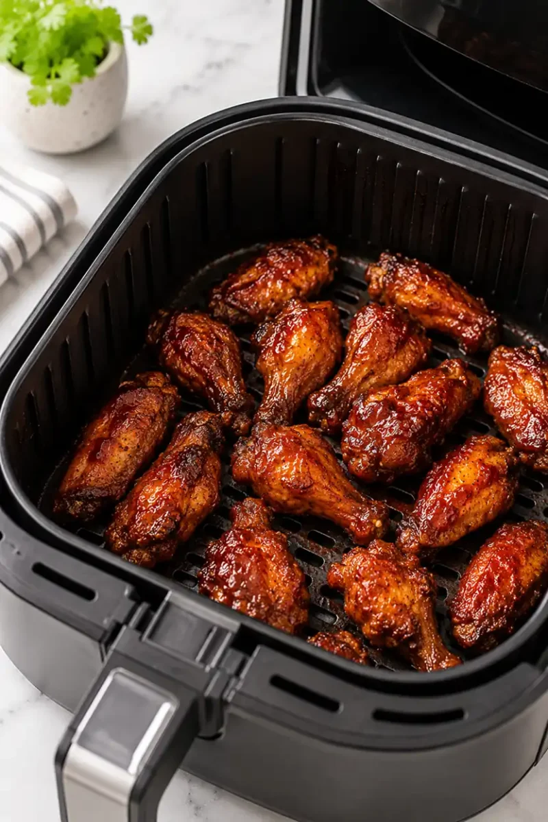Juicy barbecue chicken wings cooking inside a black air fryer basket until crispy