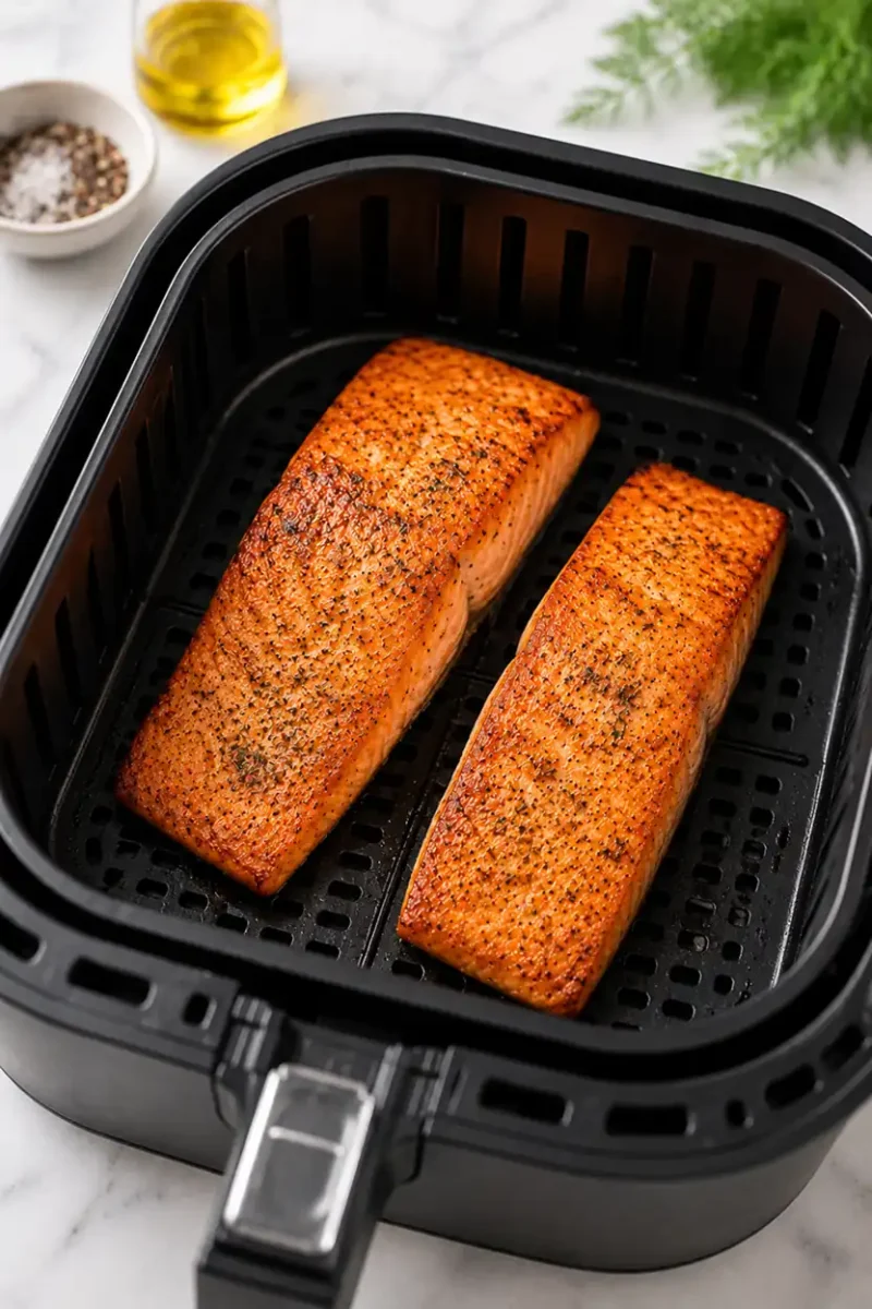 Seasoned salmon fillets cooking inside a black air fryer basket with crispy edges, golden seasoning, and tender flaky texture.