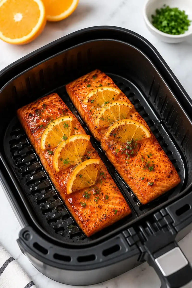 Orange glazed salmon fillets cooking inside a black air fryer basket with fresh orange slices