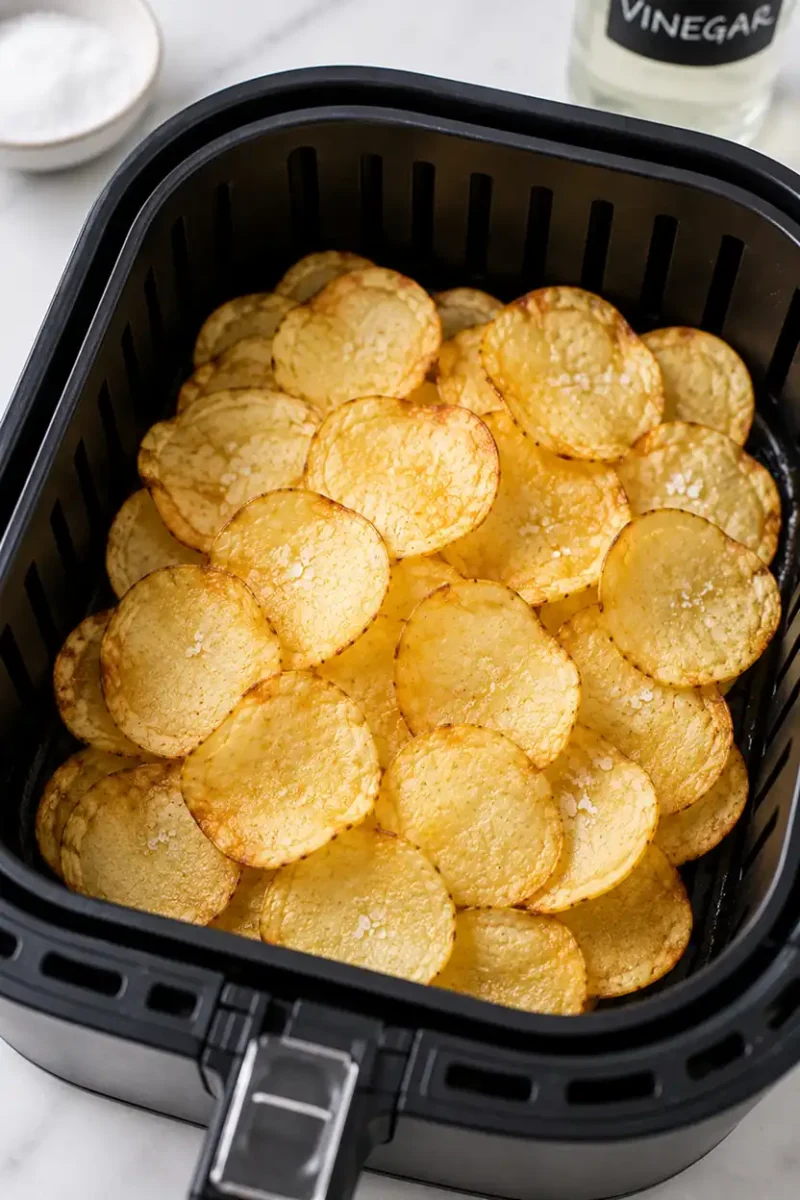 Thin sliced potato chips cooking inside a black air fryer basket with crispy golden texture and flaky salt seasoning.