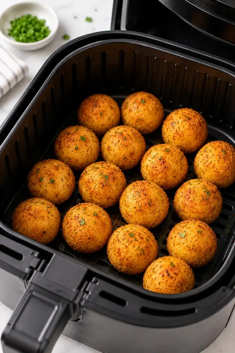 Golden cheese balls cooking inside a black air fryer basket until crispy
