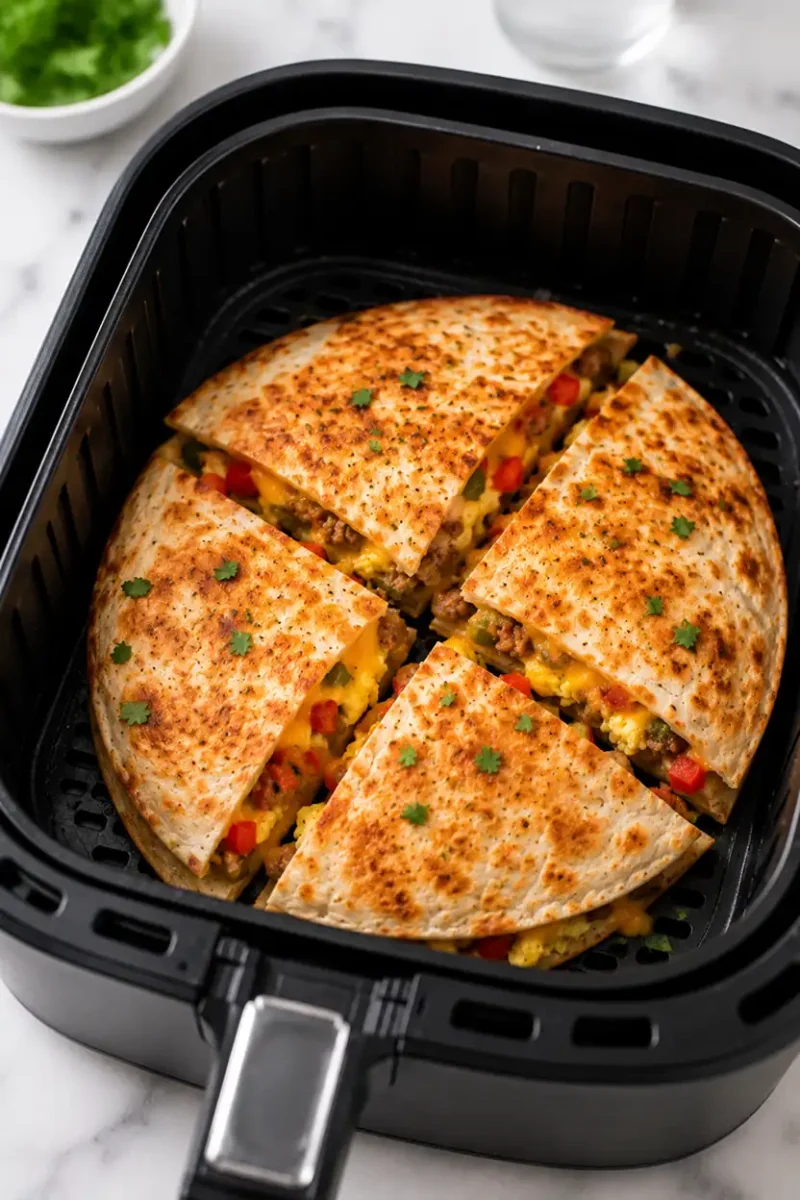Crispy breakfast quesadillas cooking inside a black air fryer basket with golden toasted tortillas, melted cheese, eggs, sausage, and peppers.