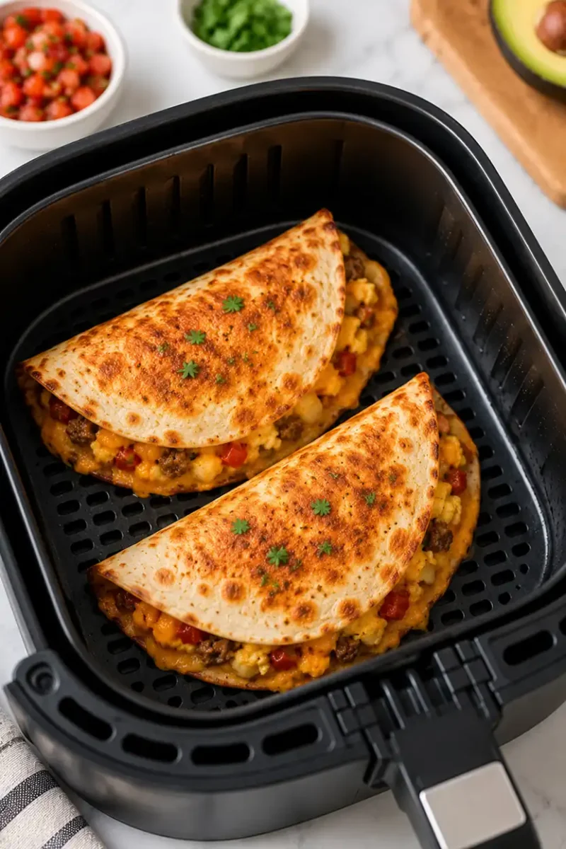Golden breakfast quesadillas cooking inside a black air fryer basket until crispy