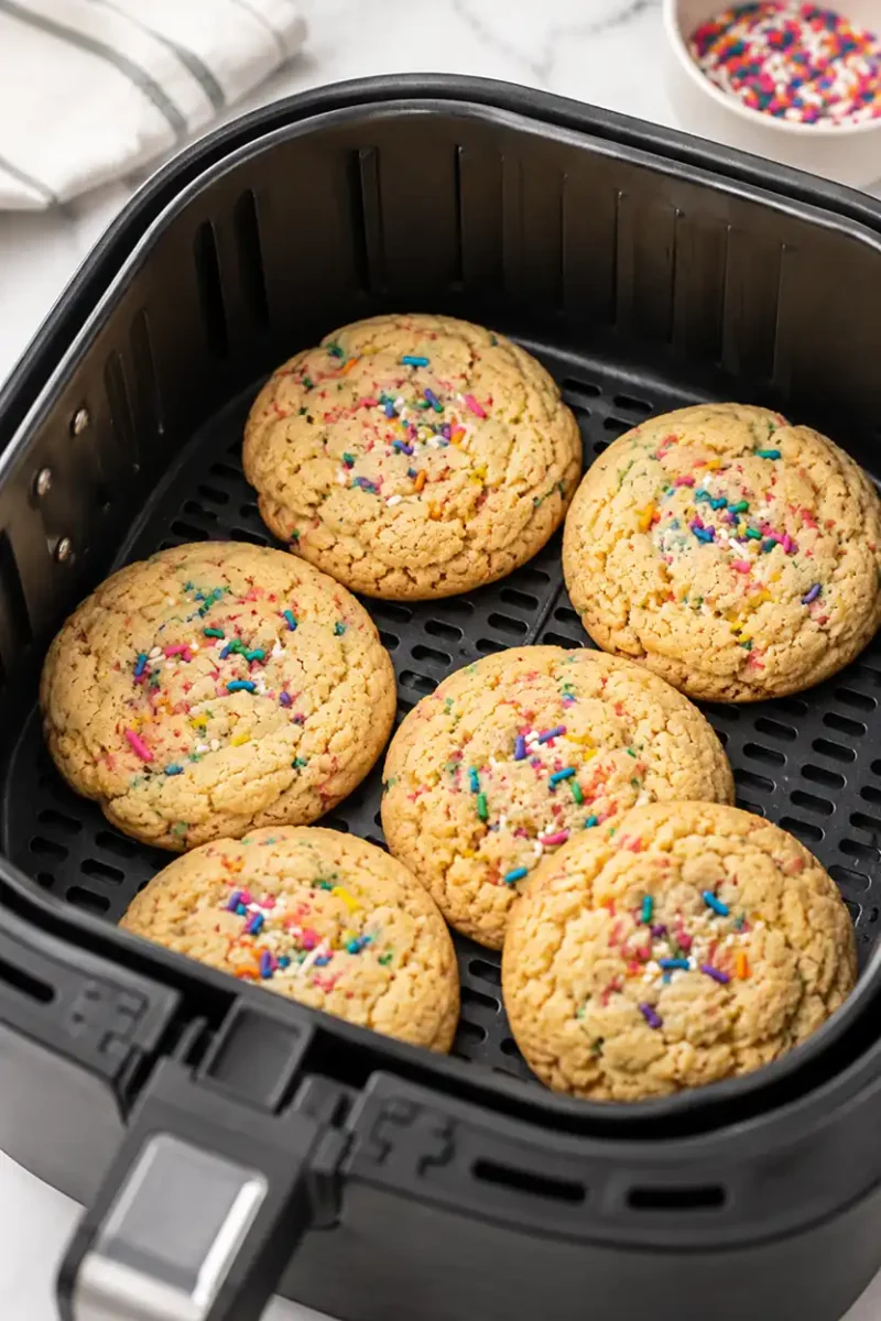 Freshly baked sprinkle cookies inside a black air fryer basket with golden edges, colorful candy sprinkles, and soft chewy texture.