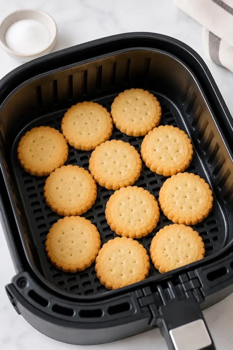Golden butter cookies baking inside a black air fryer basket until lightly crisp
