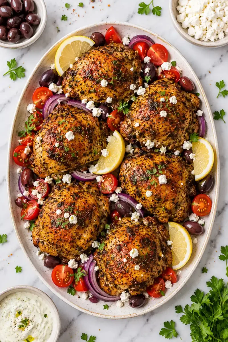 Overhead serving platter of Greek style air fryer chicken thighs with olives, feta cheese, tomatoes, red onions, and lemon wedges on marble.