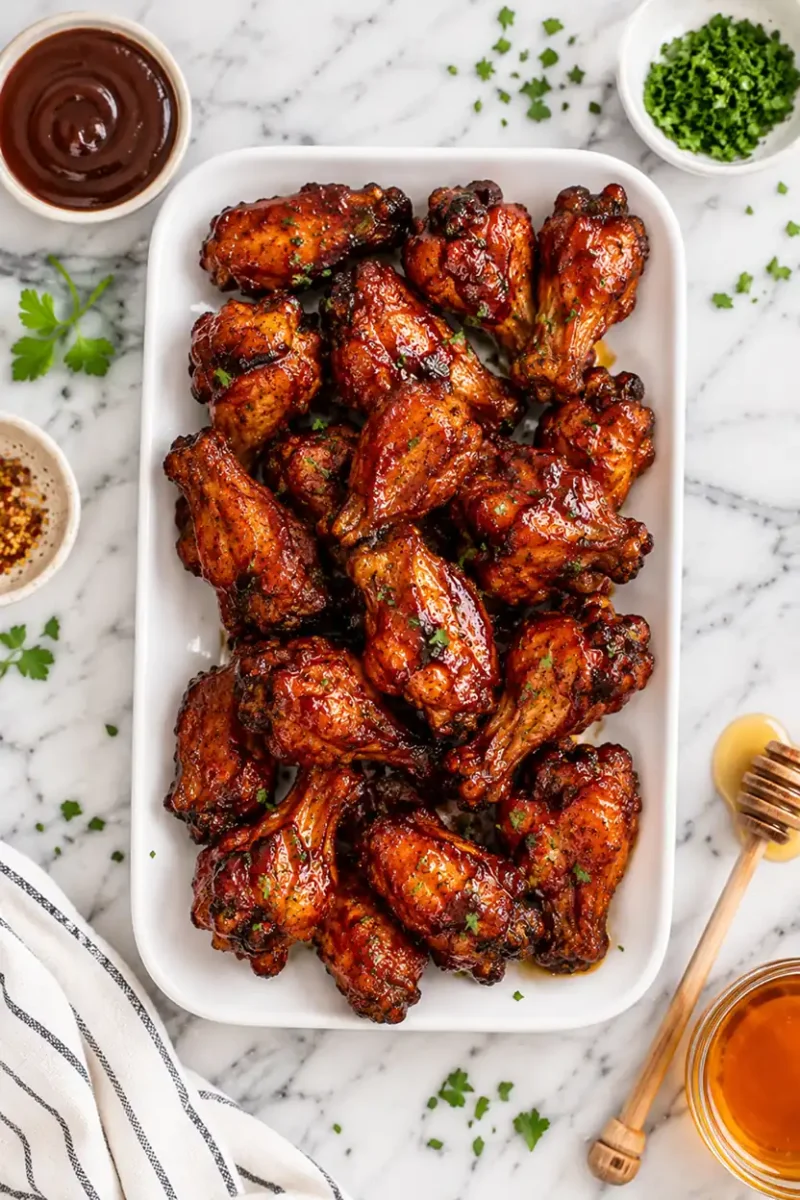 Large platter of crispy air fryer barbecue chicken wings with sauce and fresh herbs