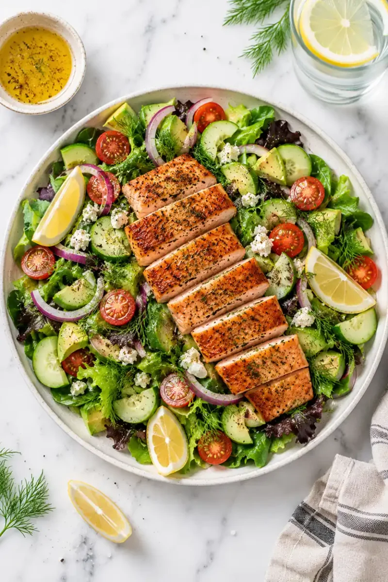 Overhead salmon salad bowl with sliced air fryer salmon, cucumbers, tomatoes, feta cheese, mixed greens, and lemon wedges on a marble countertop.