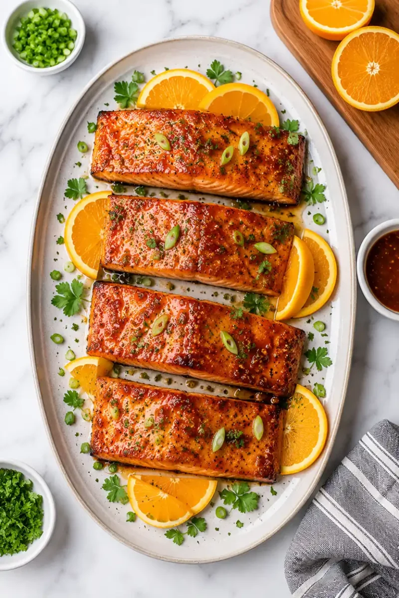 Platter of crispy air fryer orange salmon fillets garnished with herbs and orange slices